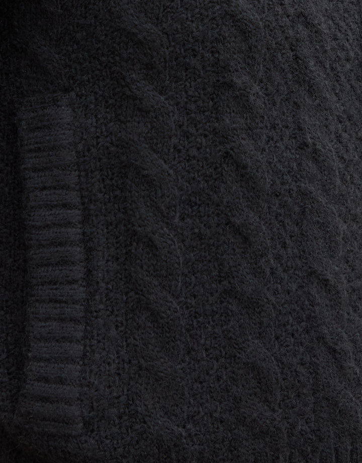 Black Cable Knit Zip-Up Bomber Jacket