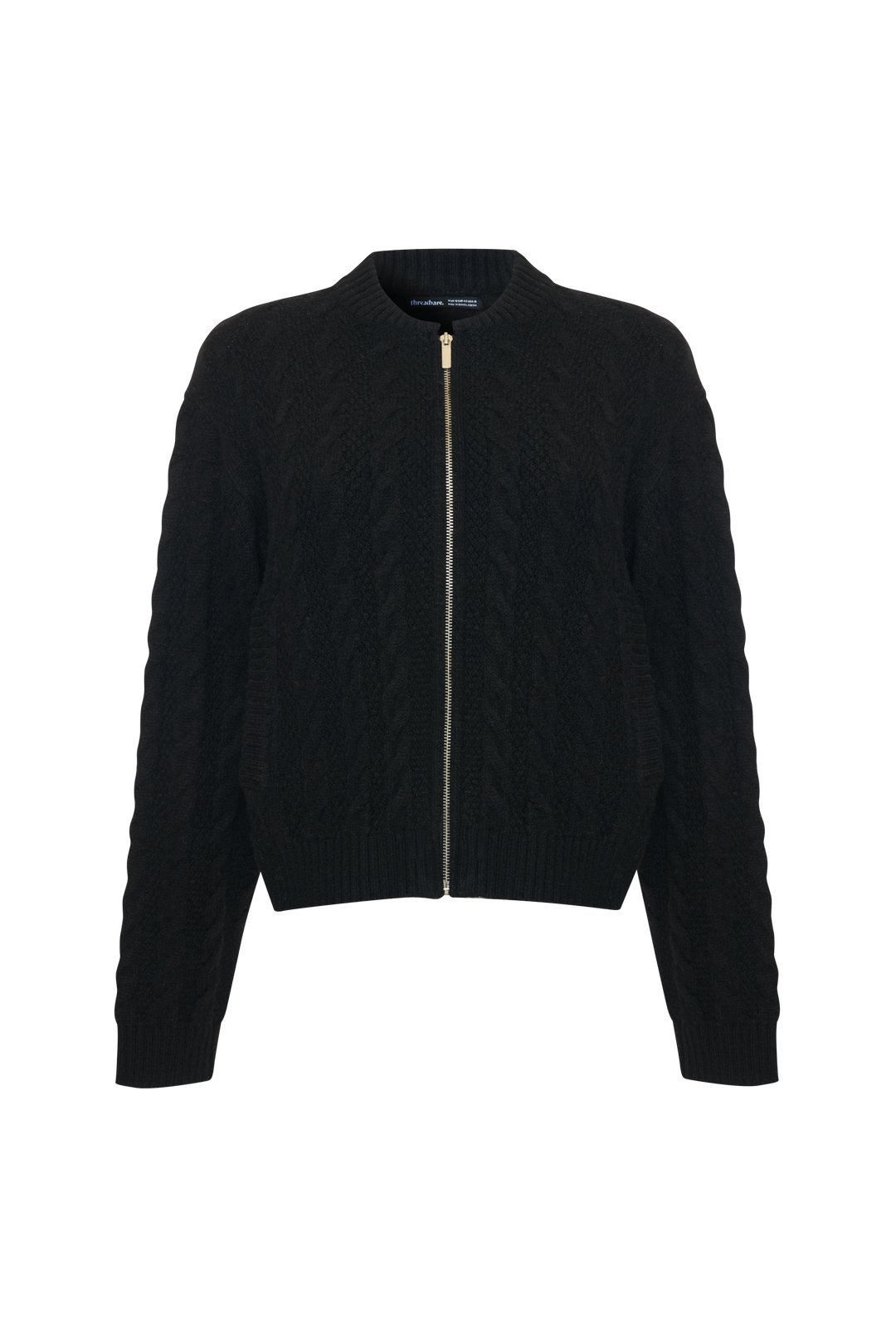 Black Cable Knit Zip-Up Bomber Jacket
