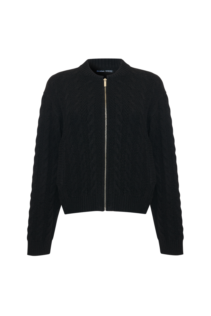 Black Cable Knit Zip-Up Bomber Jacket