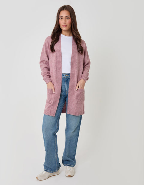 Threadbare Longline Knitted Open Cardigan in Pink - full body