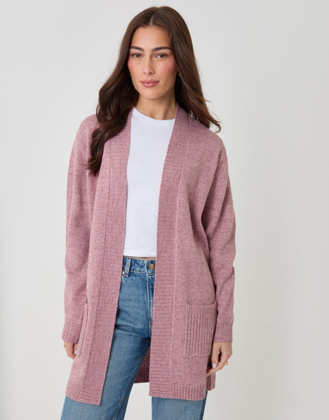 Threadbare Longline Knitted Open Cardigan in Pink - front view