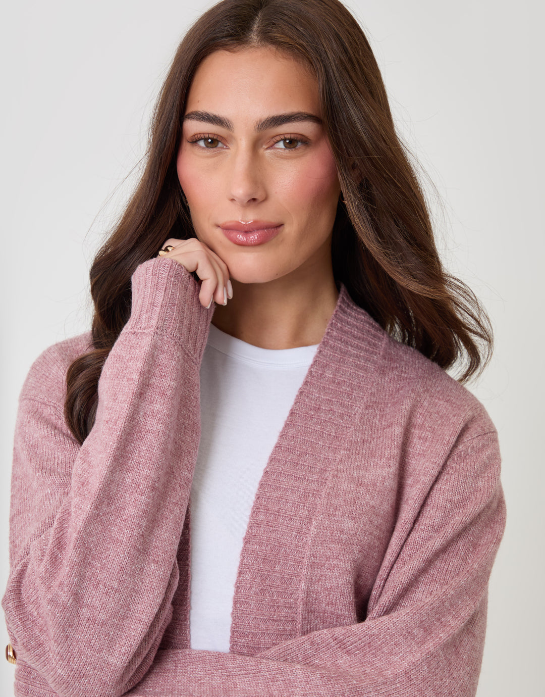 Threadbare Longline Knitted Open Cardigan in Pink - close up