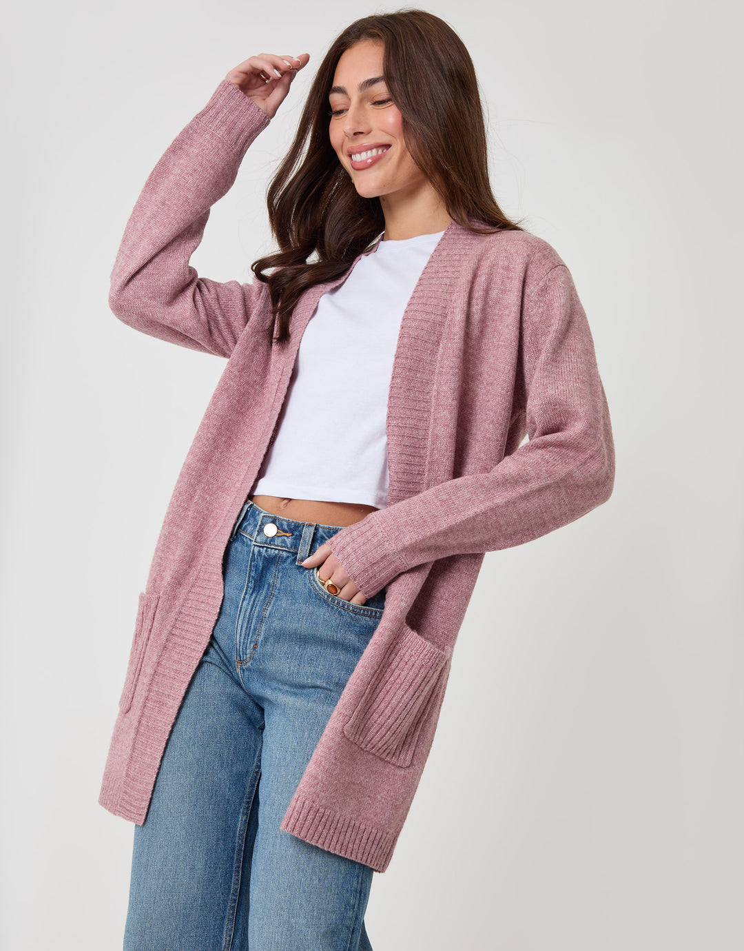 Threadbare Longline Knitted Open Cardigan in Pink - full body