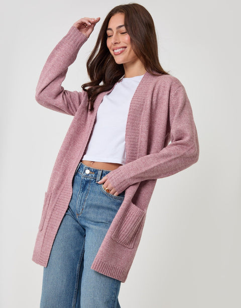 Threadbare Longline Knitted Open Cardigan in Pink - full body