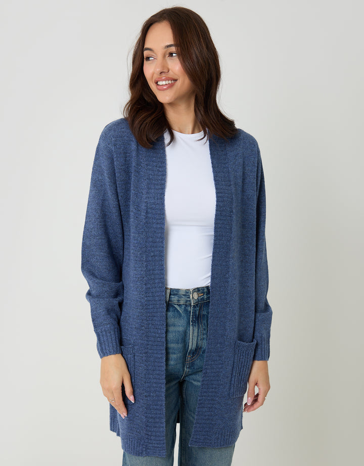 Blue Longline Knitted Open Cardigan