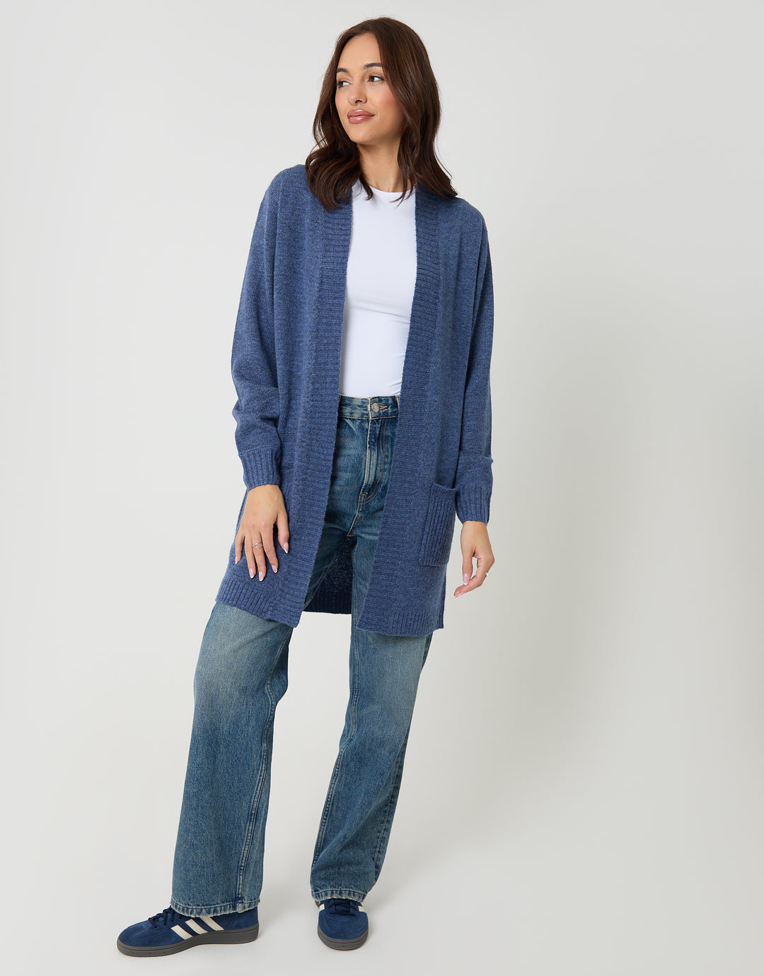 Blue Longline Knitted Open Cardigan