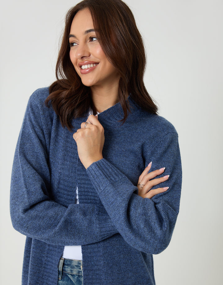 Blue Longline Knitted Open Cardigan