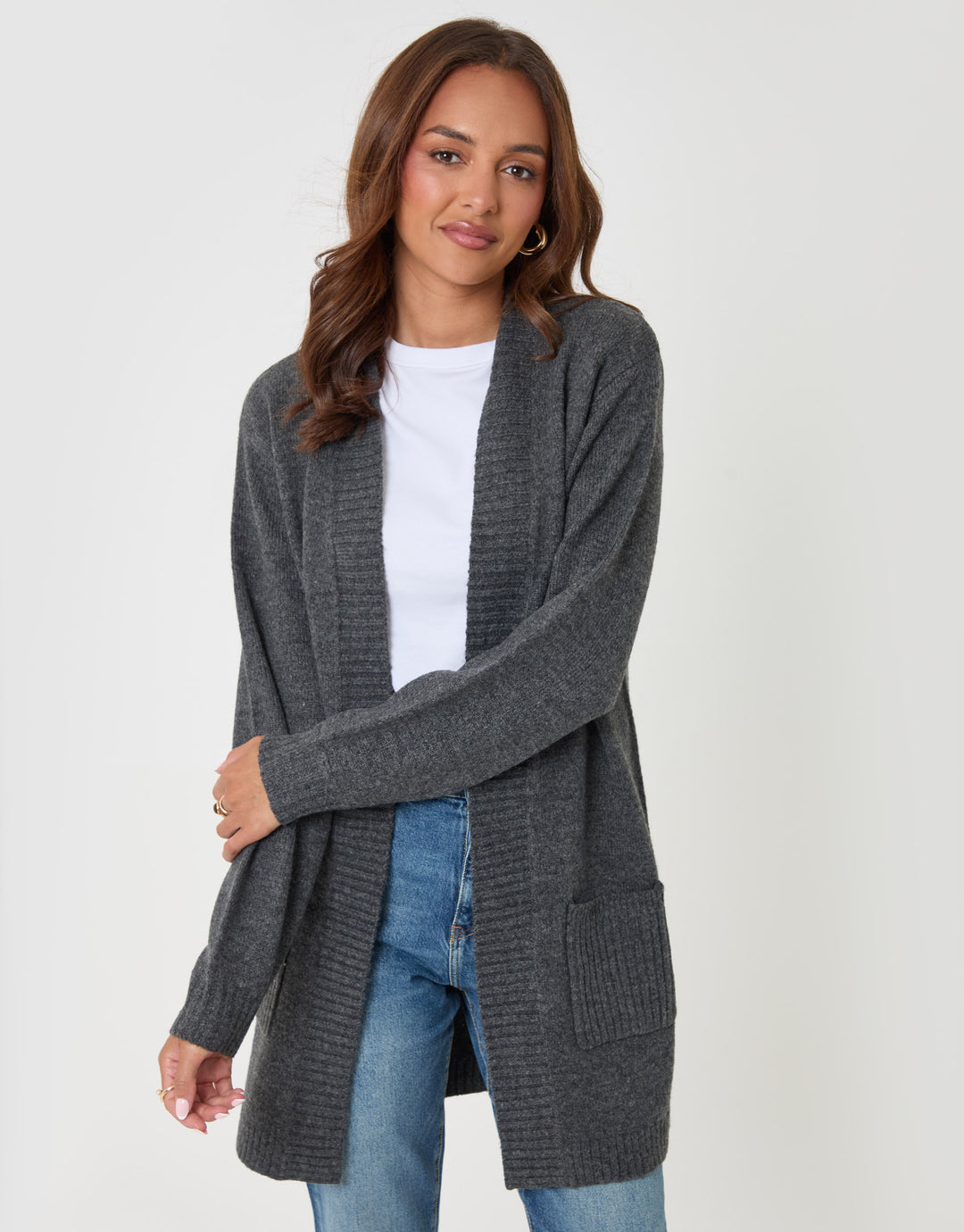 Threadbare Longline Knitted Open Cardigan in Charcoal Grey - front view