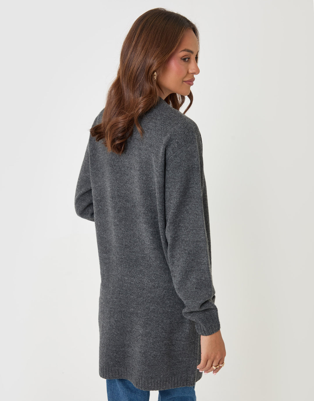 Threadbare Longline Knitted Open Cardigan in Charcoal Grey - back view
