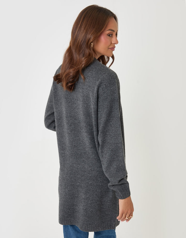 Threadbare Longline Knitted Open Cardigan in Charcoal Grey - back view