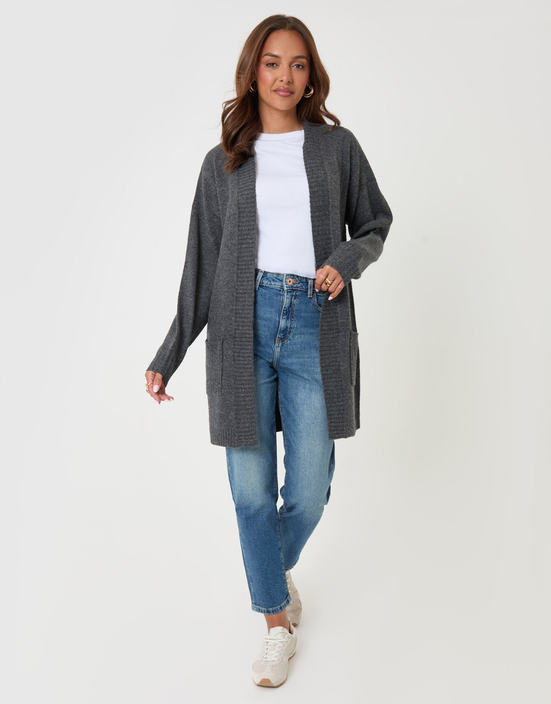 Threadbare Longline Knitted Open Cardigan in Charcoal Grey - full body
