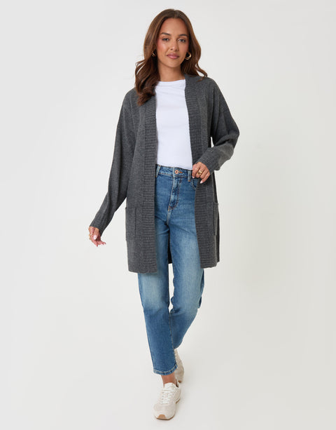 Threadbare Longline Knitted Open Cardigan in Charcoal Grey - full body