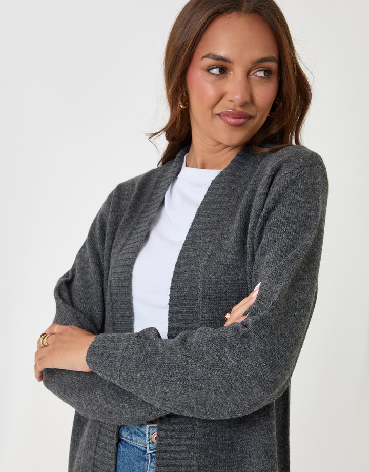 Threadbare Longline Knitted Open Cardigan in Charcoal Grey - close up