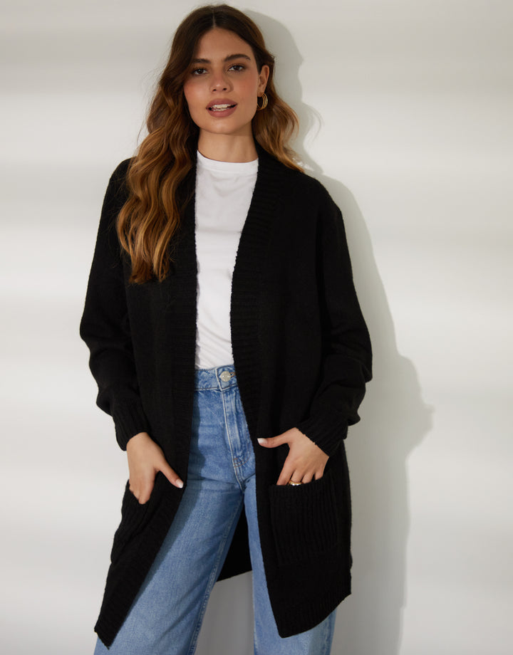 Black Longline Knitted Open Cardigan