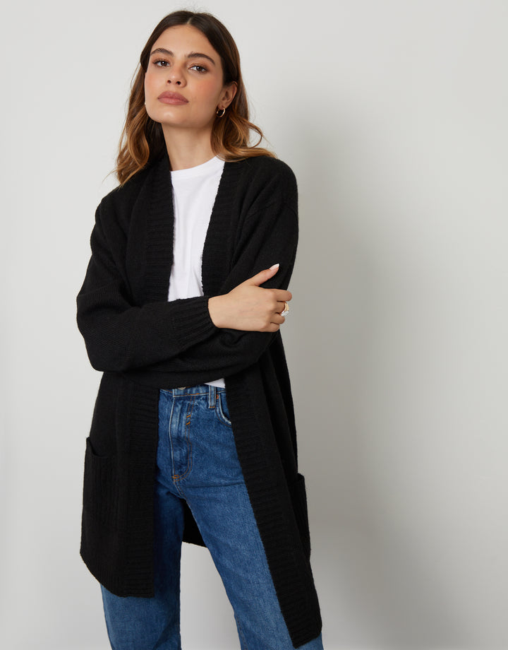 Black Longline Knitted Open Cardigan