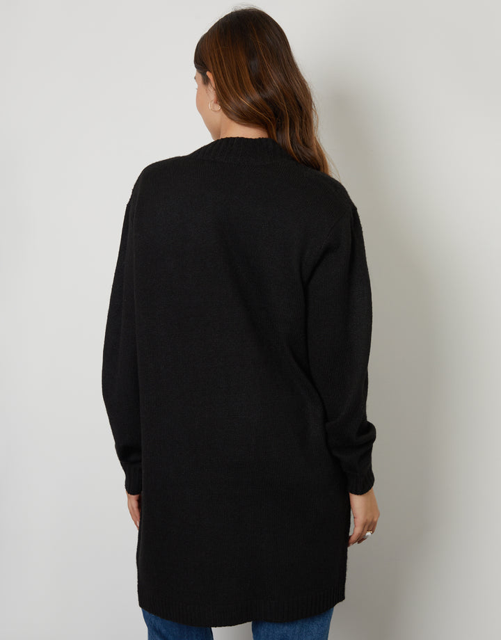 Black Longline Knitted Open Cardigan
