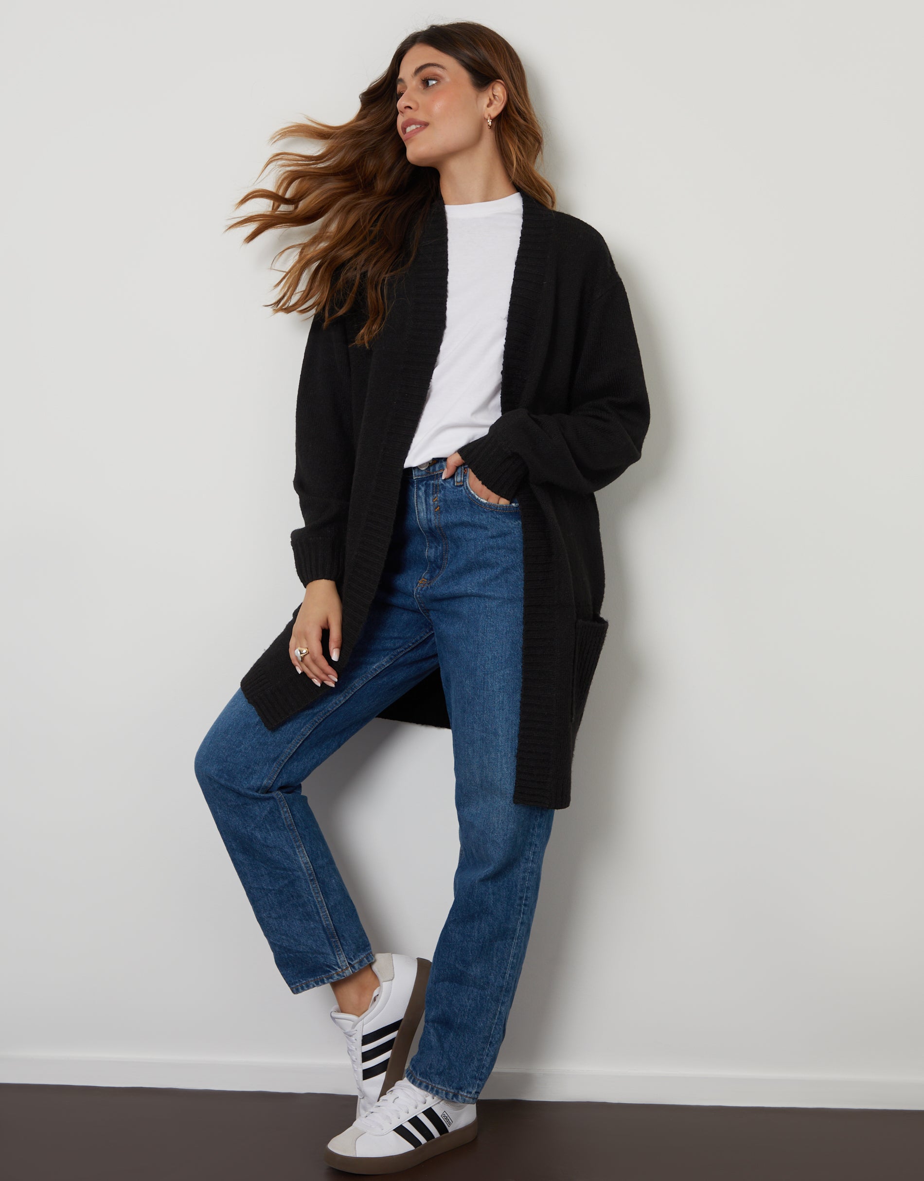 Threadbare Women's Black Longline Knitted Open Cardigan