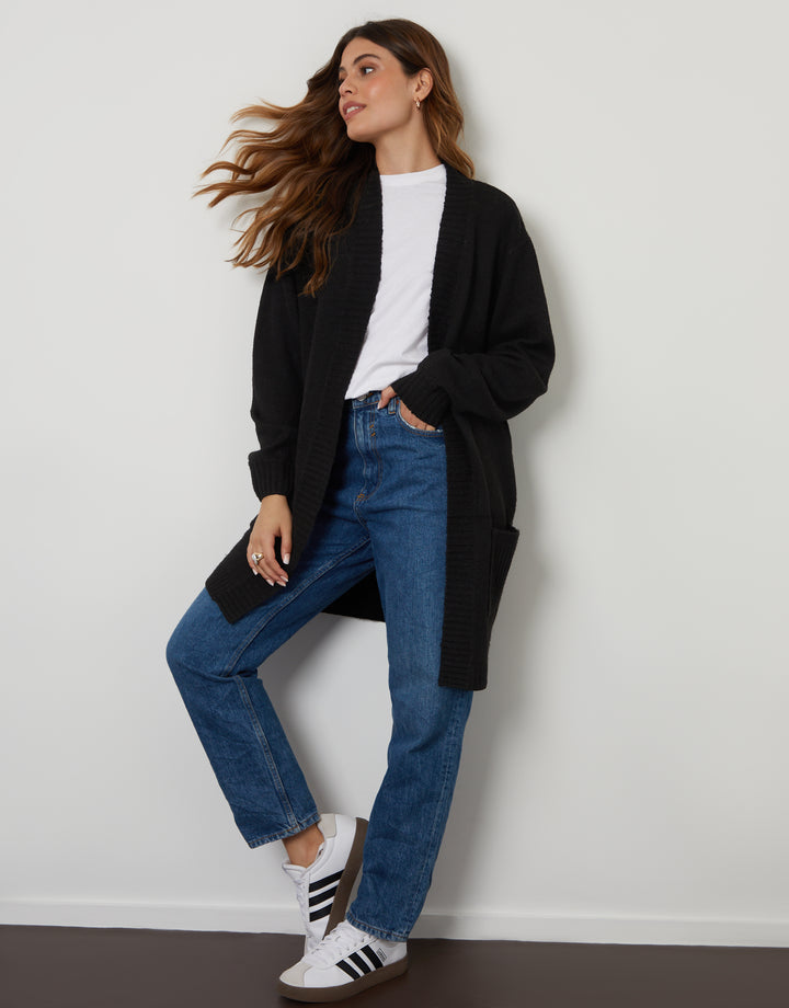 Black Longline Knitted Open Cardigan