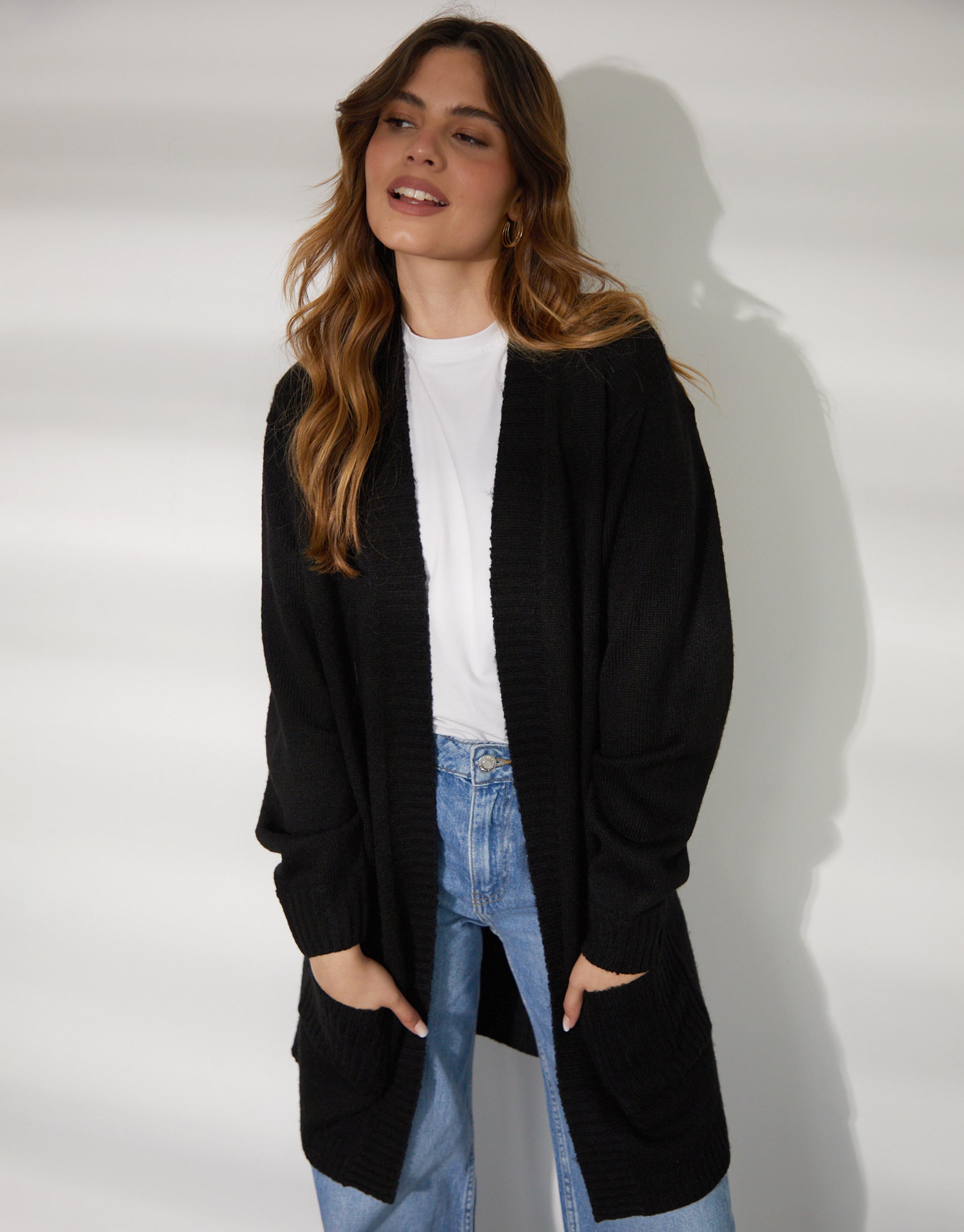 Threadbare Women's Black Longline Knitted Open Cardigan
