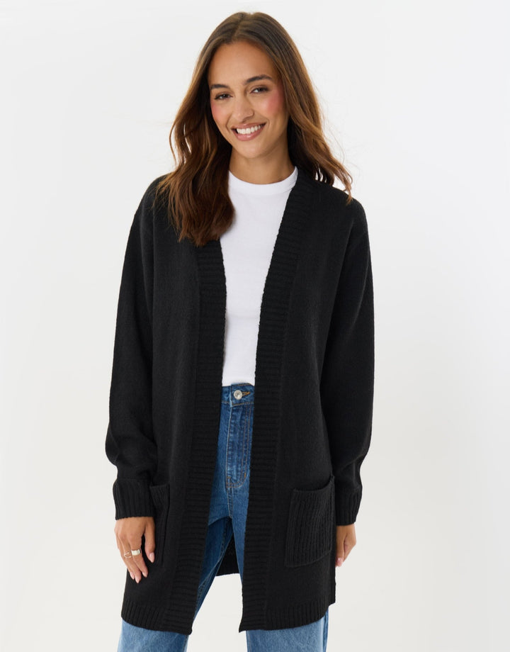 Longline Knitted Open Cardigan in Black