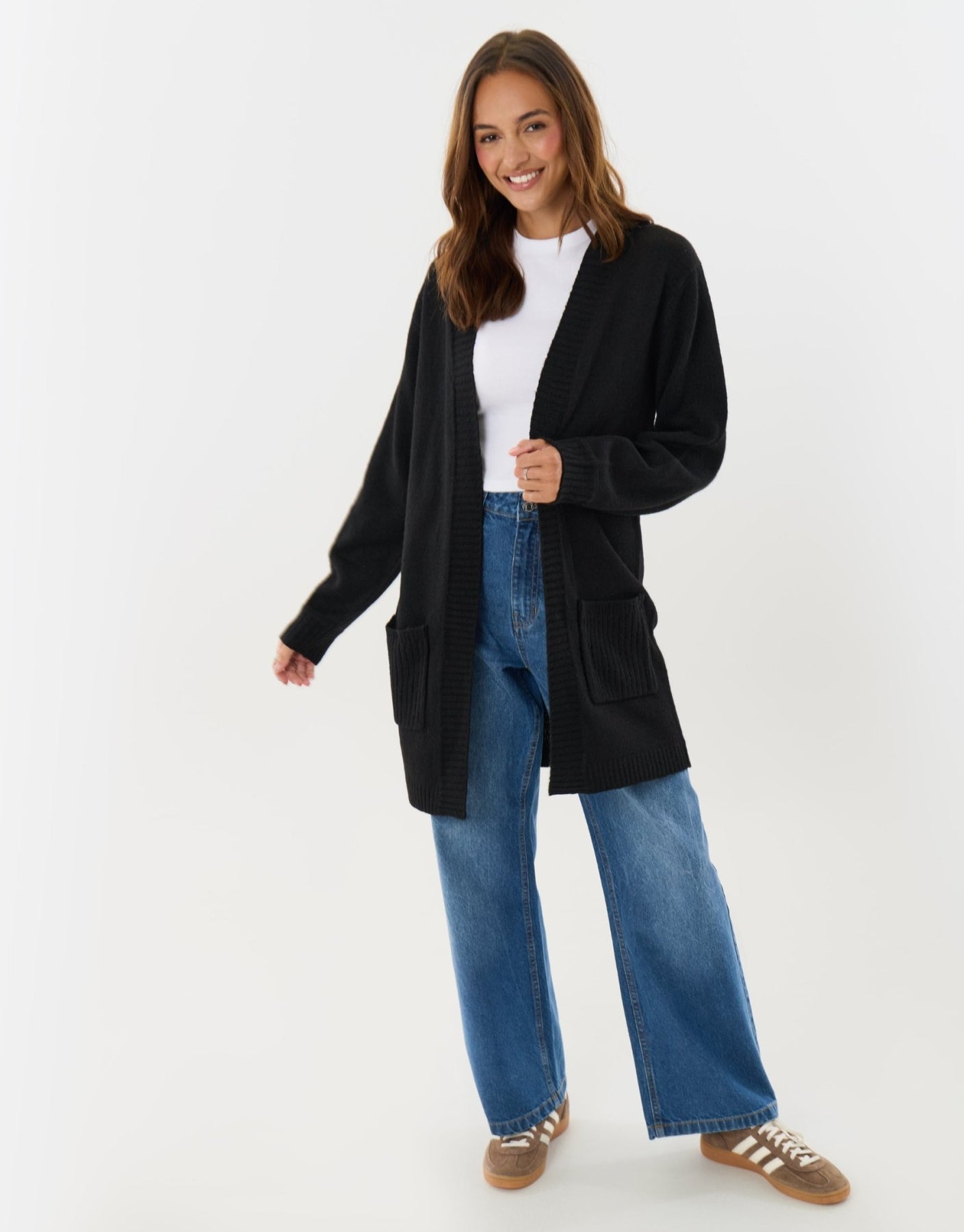 Threadbare Women's Longline Knitted Open Cardigan in Black