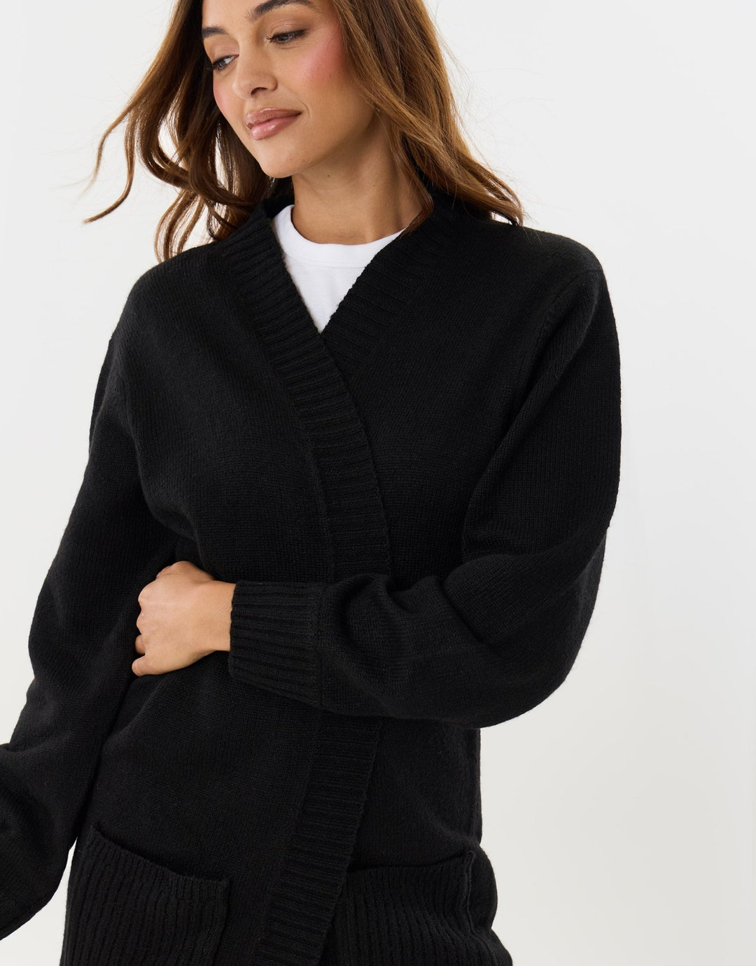 Longline Knitted Open Cardigan in Black