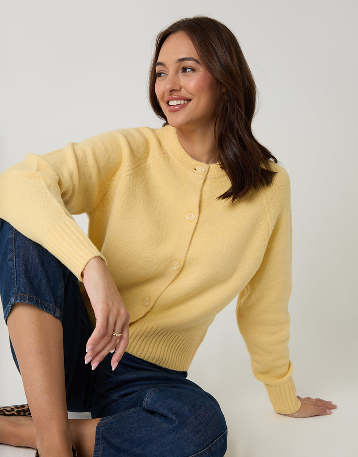 Threadbare Button Up Knitted Cardigan in Yellow - seated