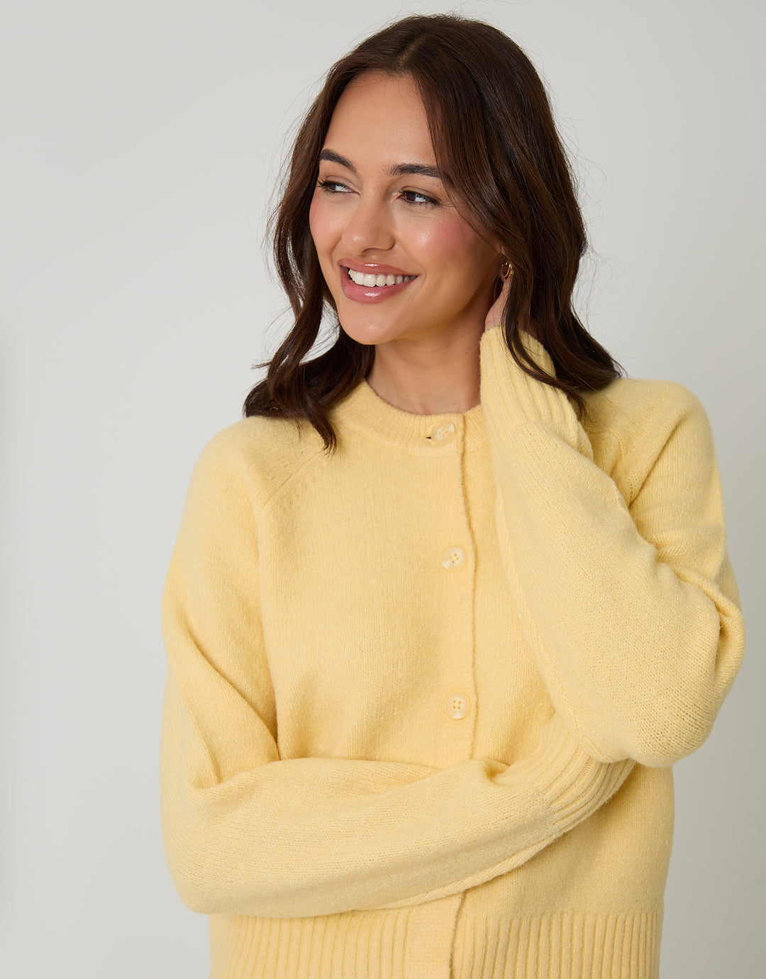 Threadbare Button Up Knitted Cardigan in Yellow - front view close up