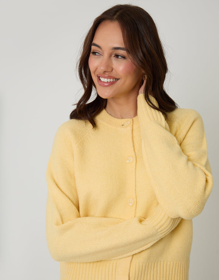 Threadbare Button Up Knitted Cardigan in Yellow - front view close up