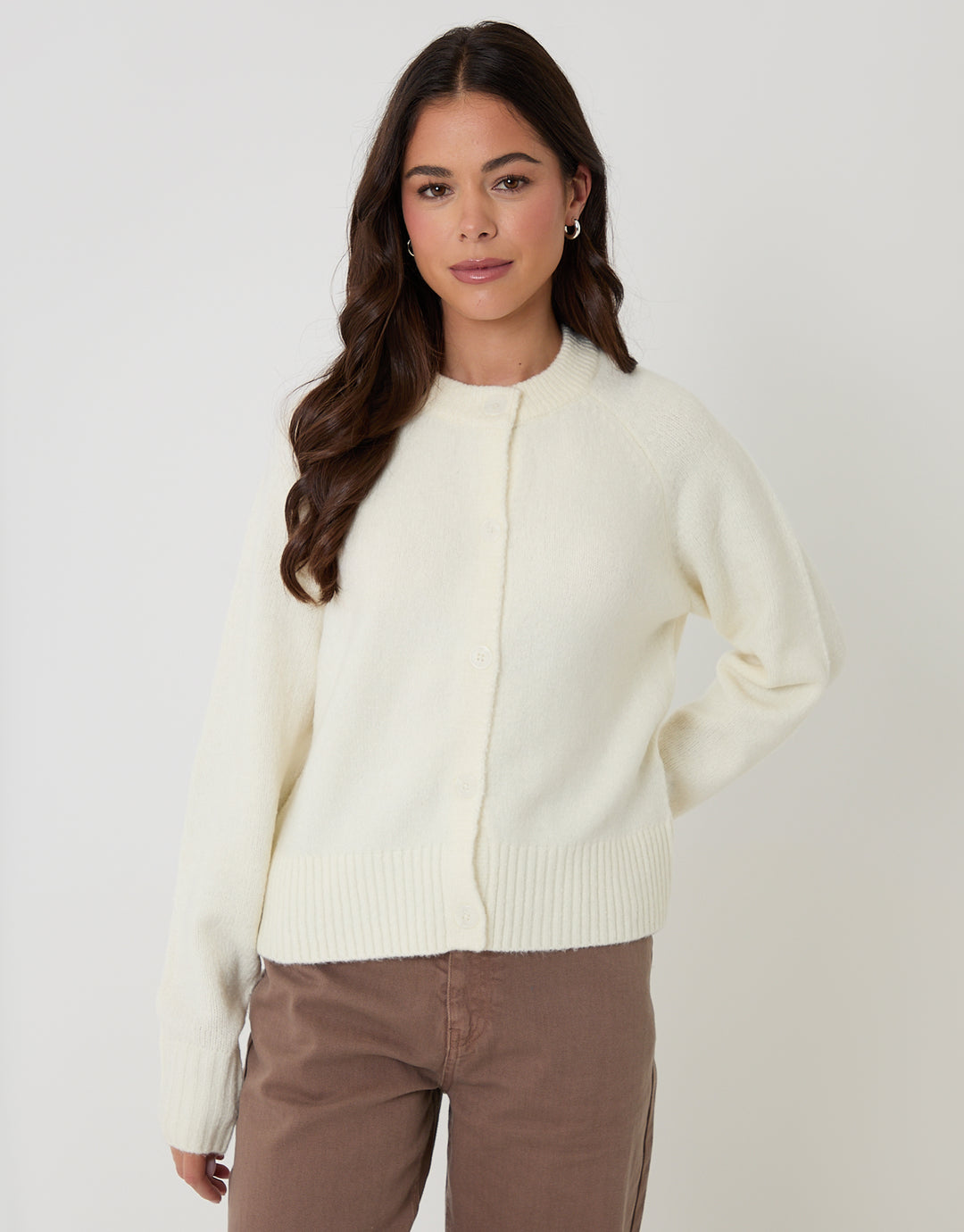 Threadbare Button Up Knitted Cardigan in Cream - front view