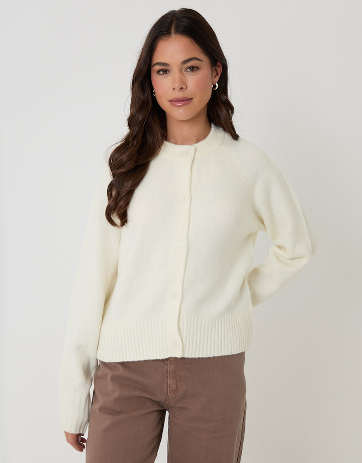 Threadbare Button Up Knitted Cardigan in Cream - front view