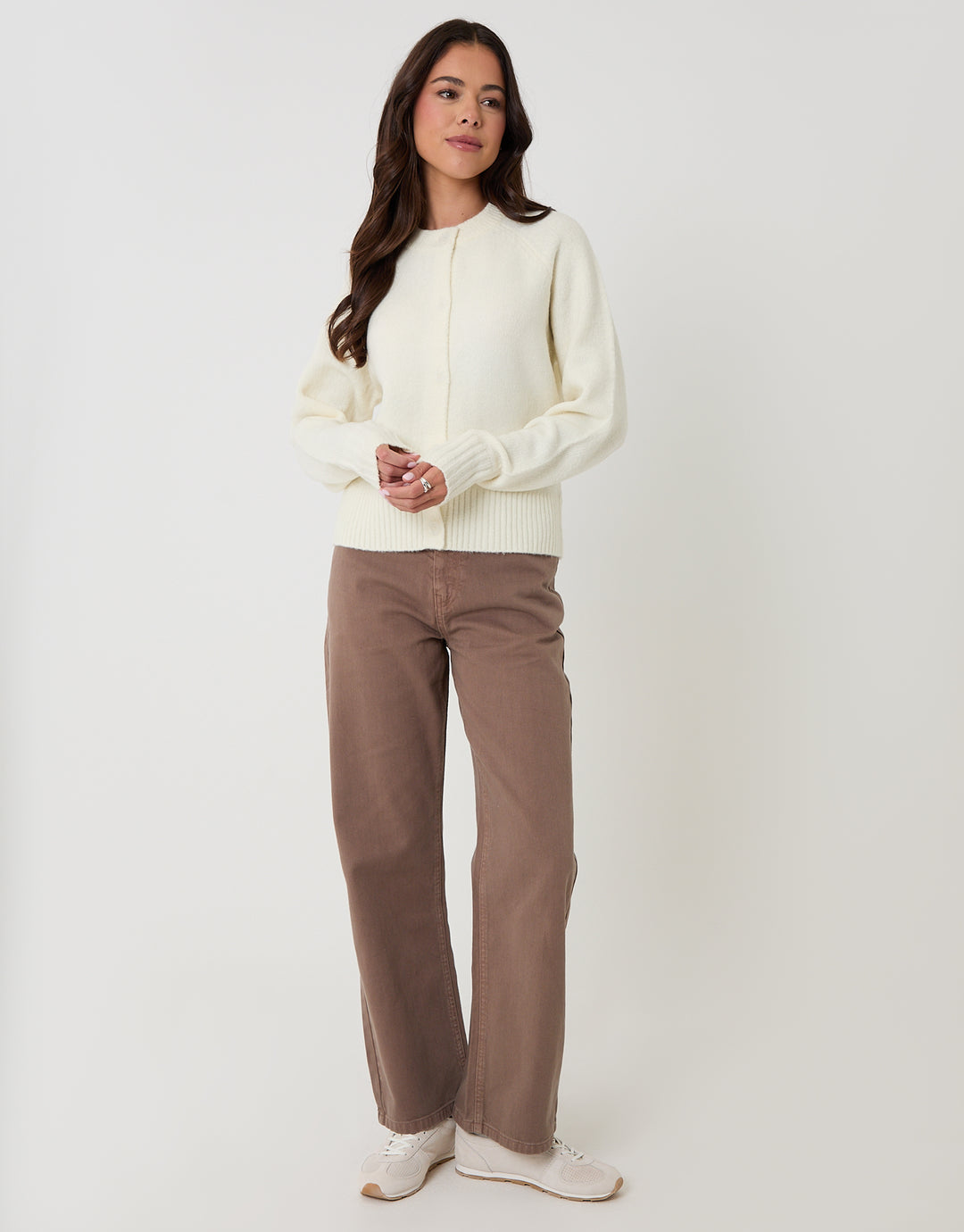Threadbare Button Up Knitted Cardigan in Cream - full body