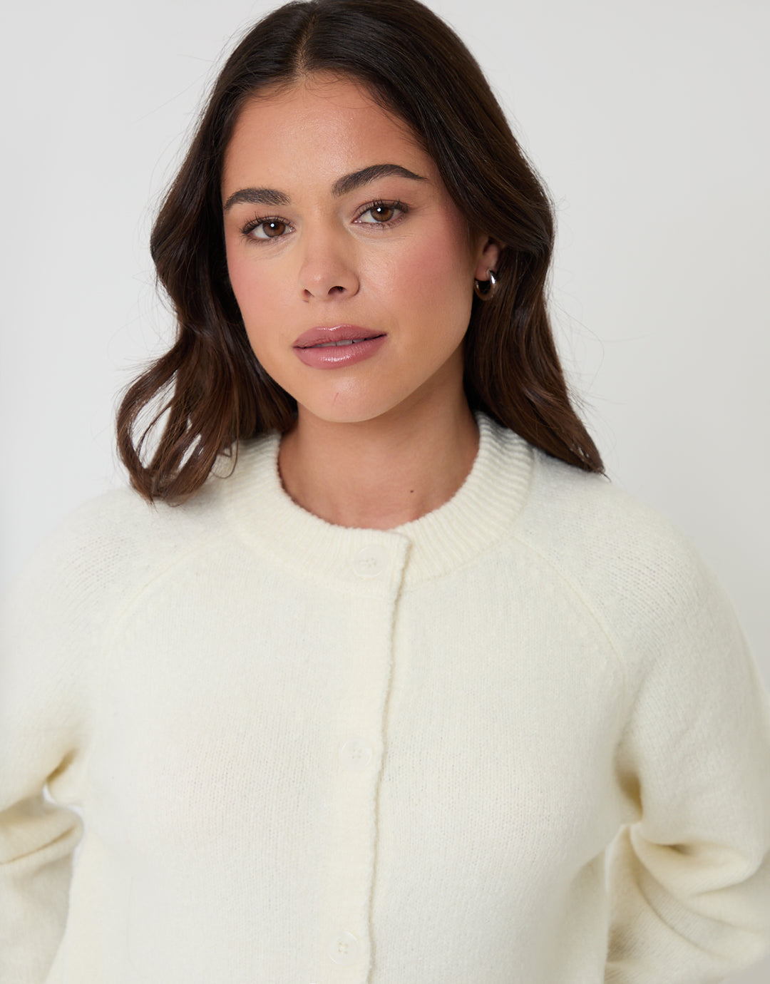 Threadbare Button Up Knitted Cardigan in Cream - front view close up
