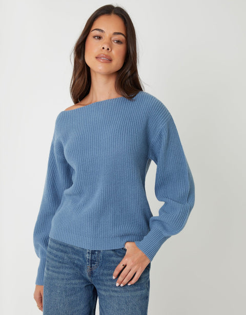 Threadbare Chunky Knit Slash Neck Jumper in Blue  - front view