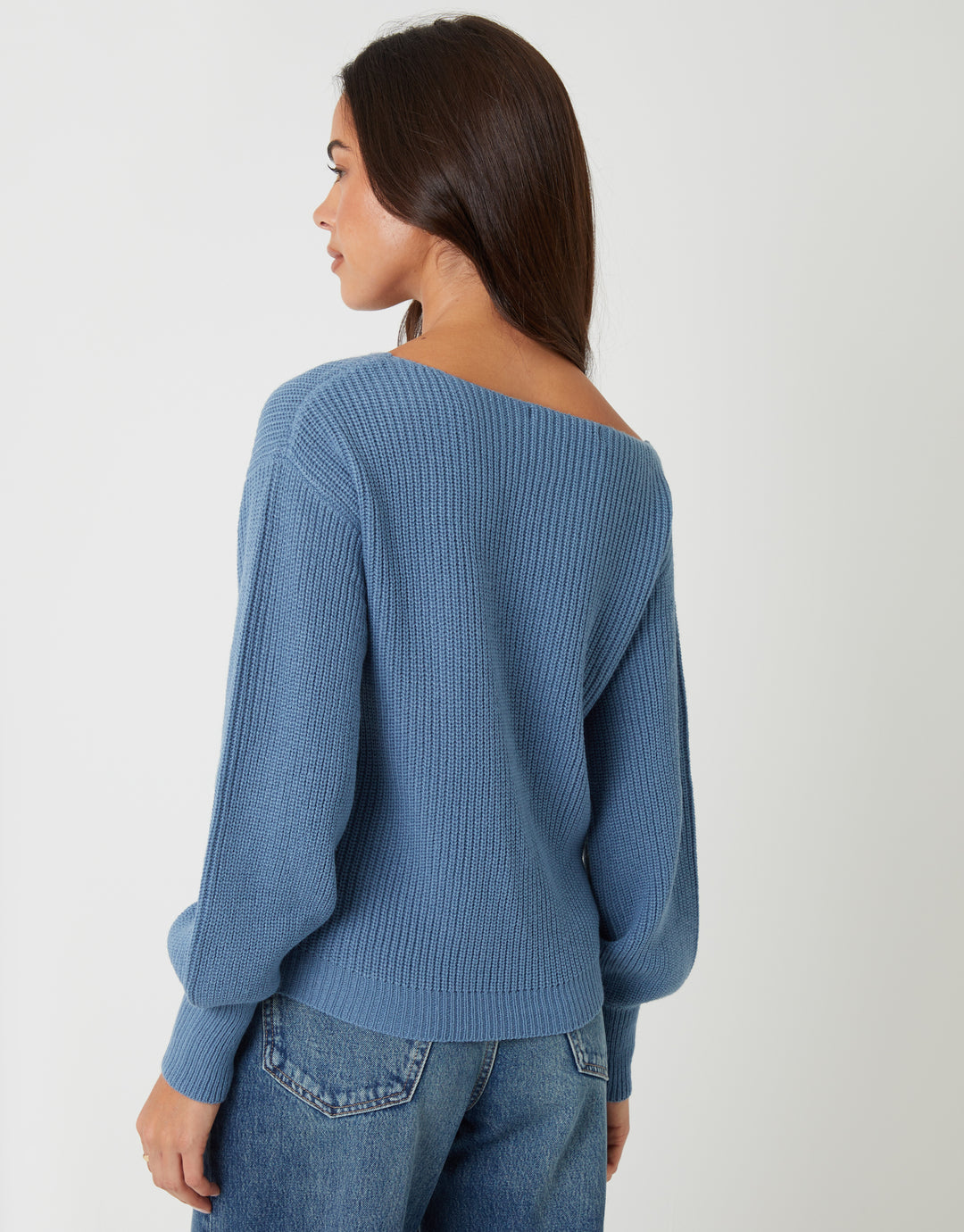 Blue Chunky Knit Slash Neck Jumper