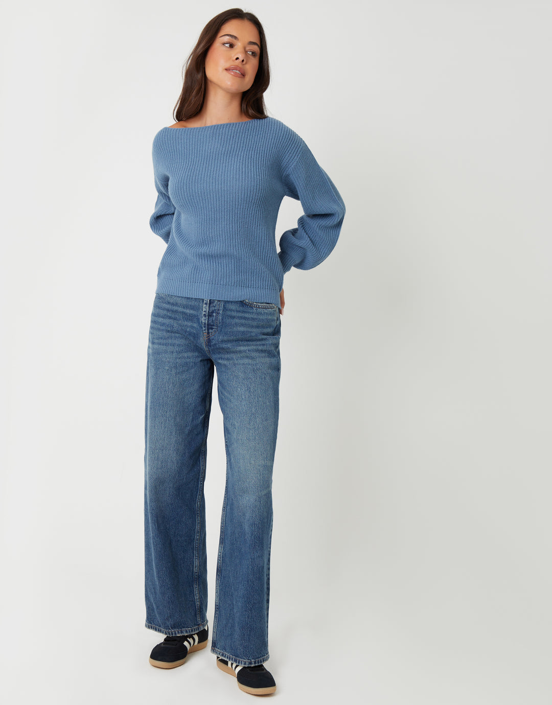 Blue Chunky Knit Slash Neck Jumper