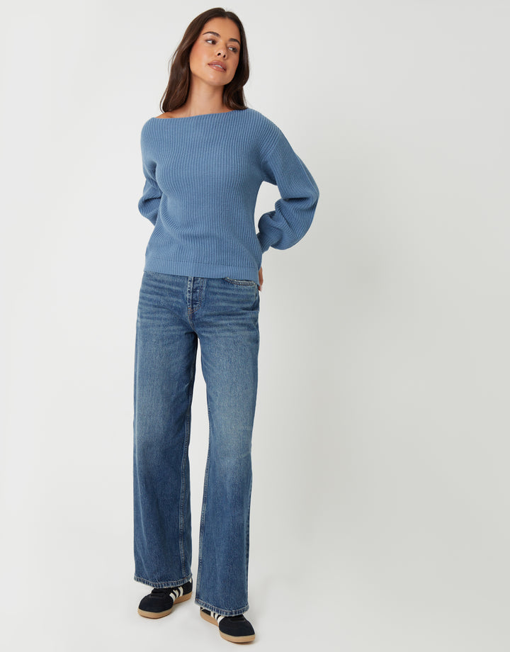 Blue Chunky Knit Slash Neck Jumper