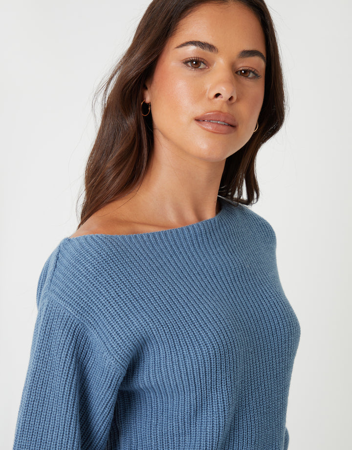 Blue Chunky Knit Slash Neck Jumper
