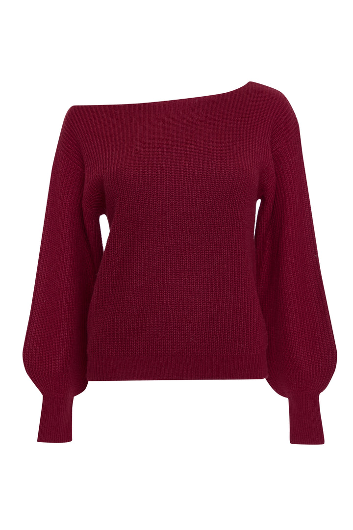Burgundy Chunky Knit Slash Neck Jumper