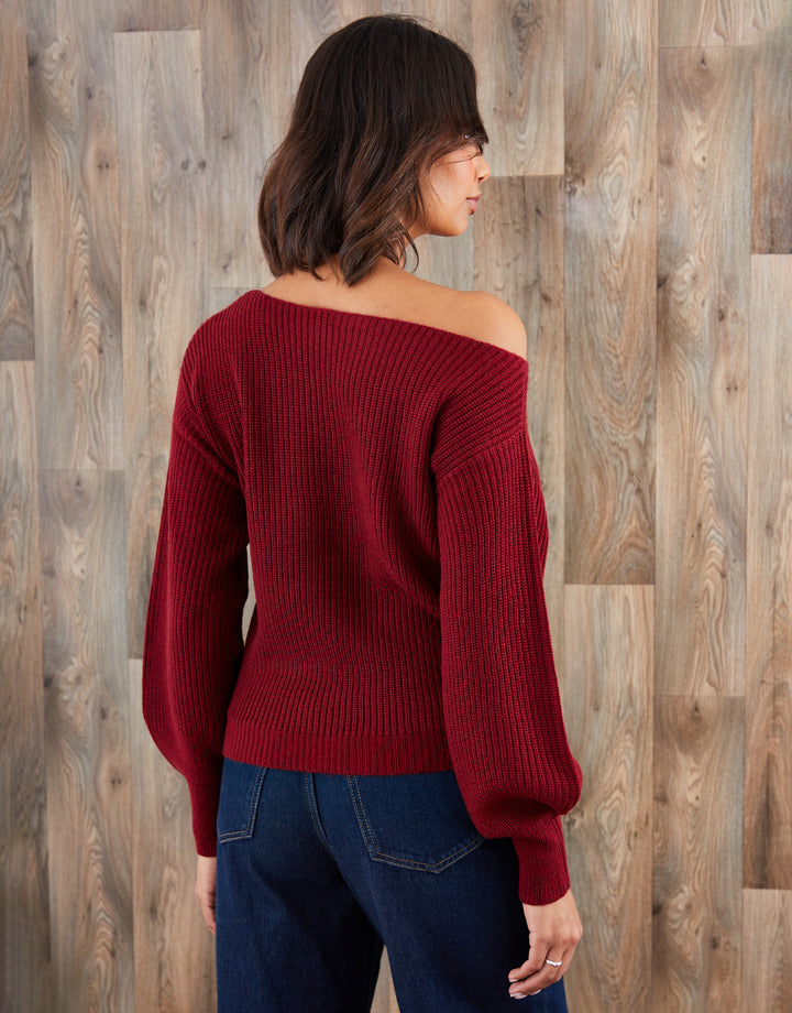 Burgundy Chunky Knit Slash Neck Jumper