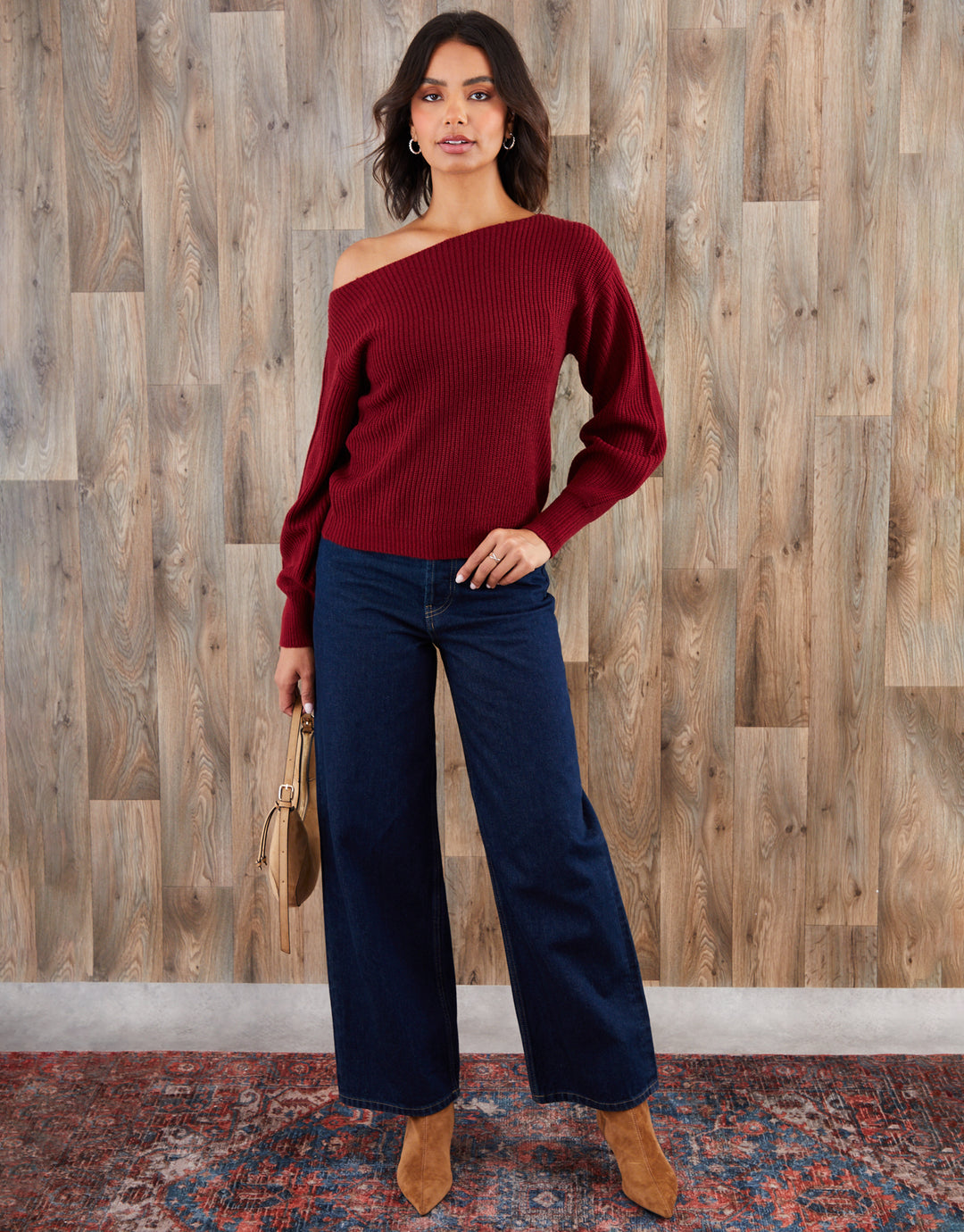 Burgundy Chunky Knit Slash Neck Jumper