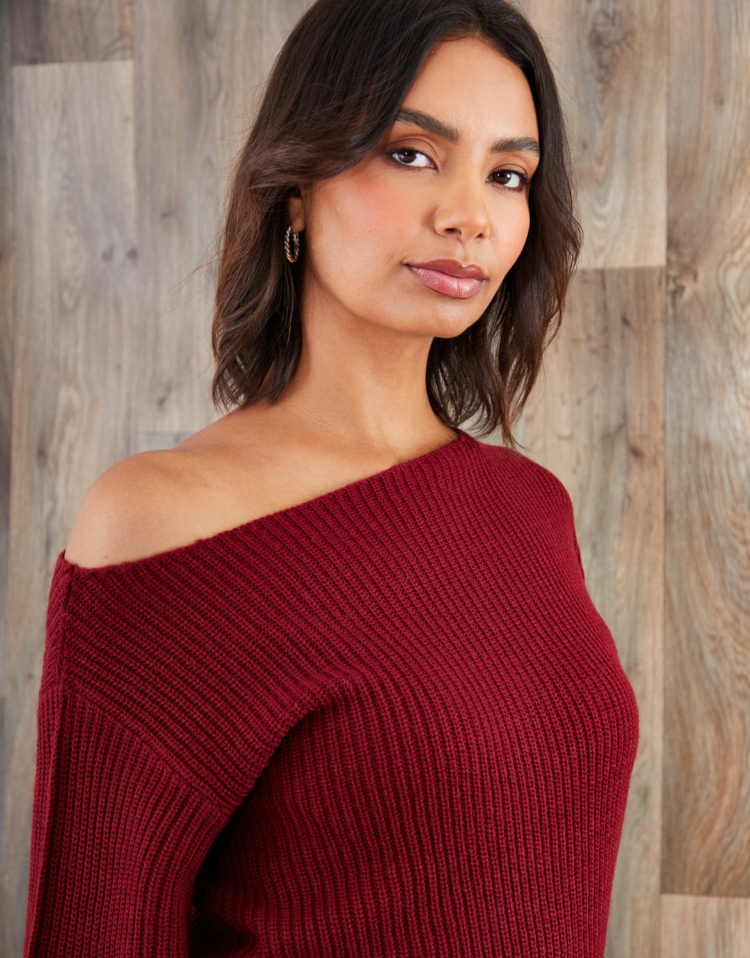 Burgundy Chunky Knit Slash Neck Jumper