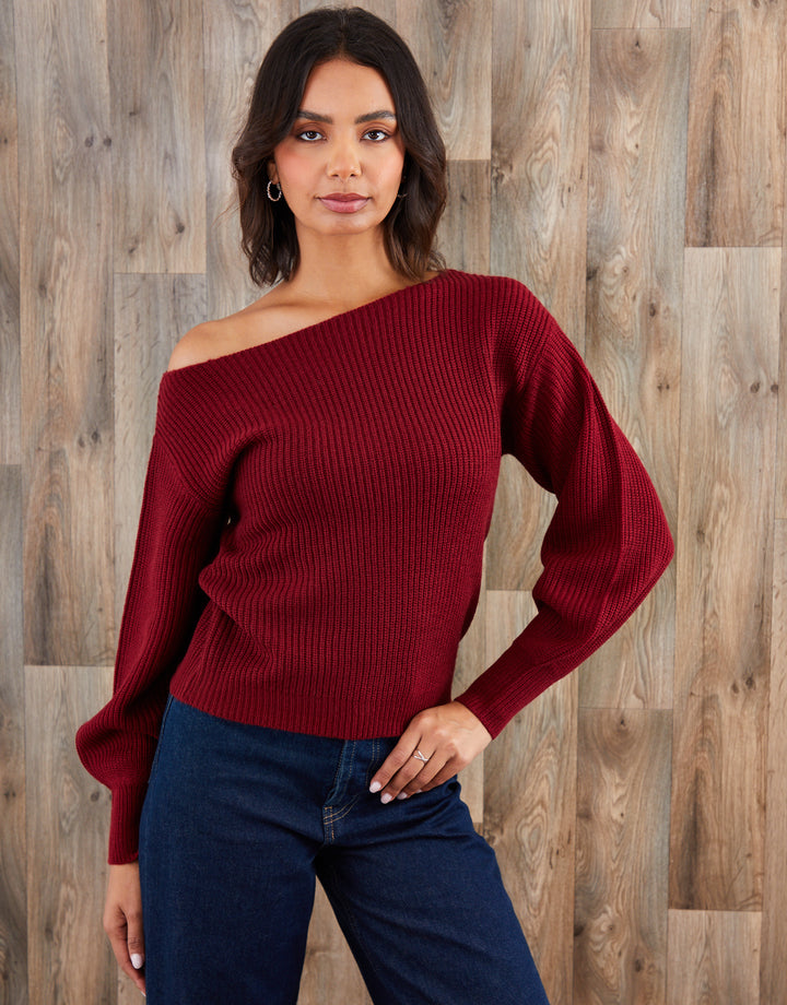 Burgundy Chunky Knit Slash Neck Jumper