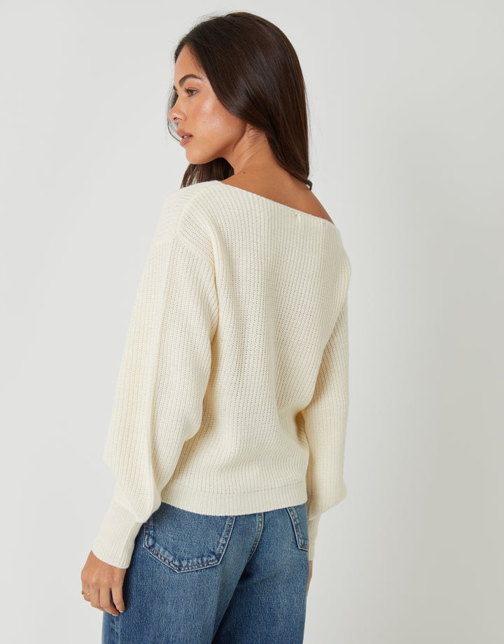 Cream Chunky Knit Slash Neck Jumper