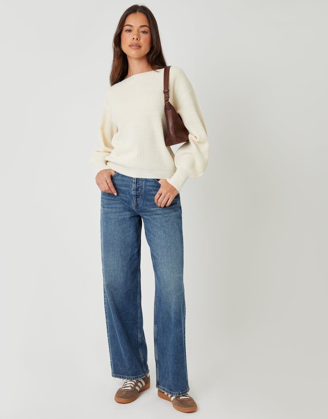 Cream Chunky Knit Slash Neck Jumper