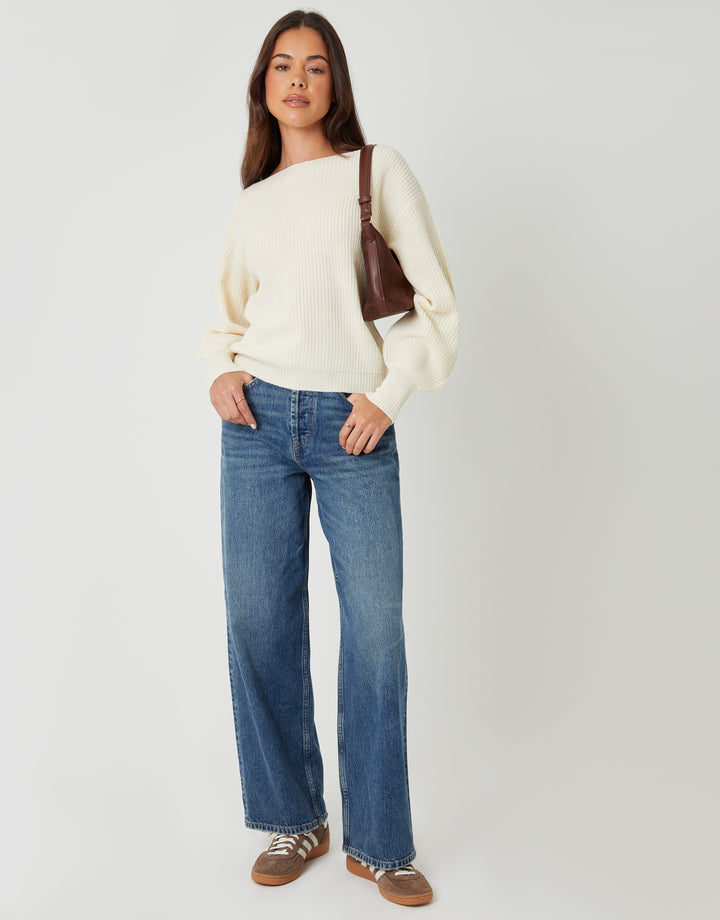 Cream Chunky Knit Slash Neck Jumper