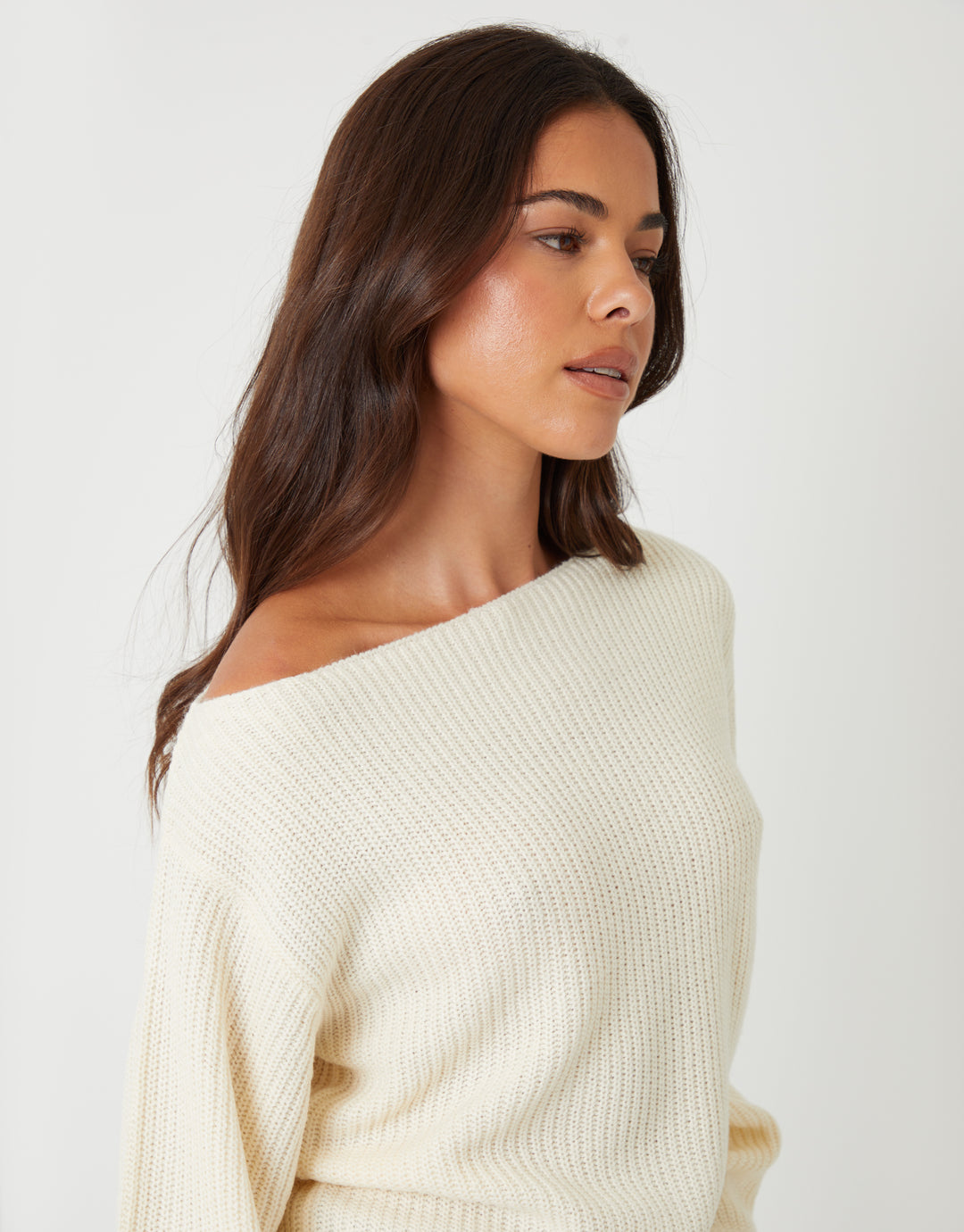 Cream Chunky Knit Slash Neck Jumper
