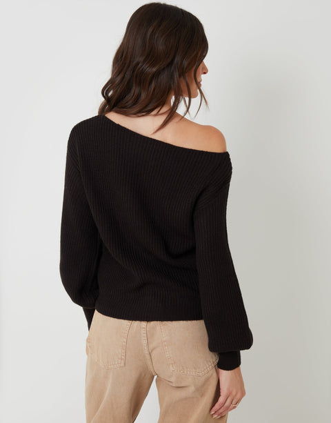 Threadbare Chunky Knit Slash Neck Jumper in Black - back view
