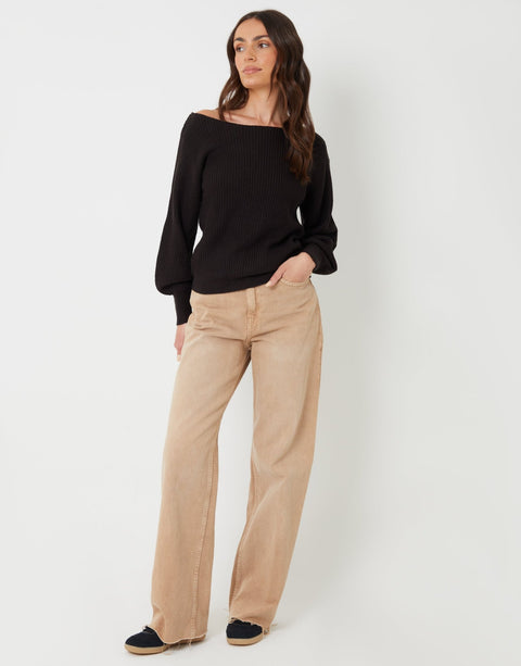 Threadbare Chunky Knit Slash Neck Jumper in Black - full body