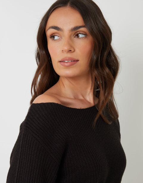 Threadbare Chunky Knit Slash Neck Jumper in Black - neckline close up